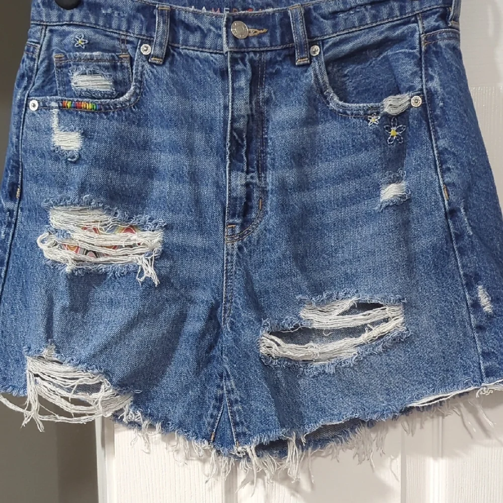 American Eagle Highest Rise Baggy Shorts Womens 8 Rainbow Embroidered Cut Off
